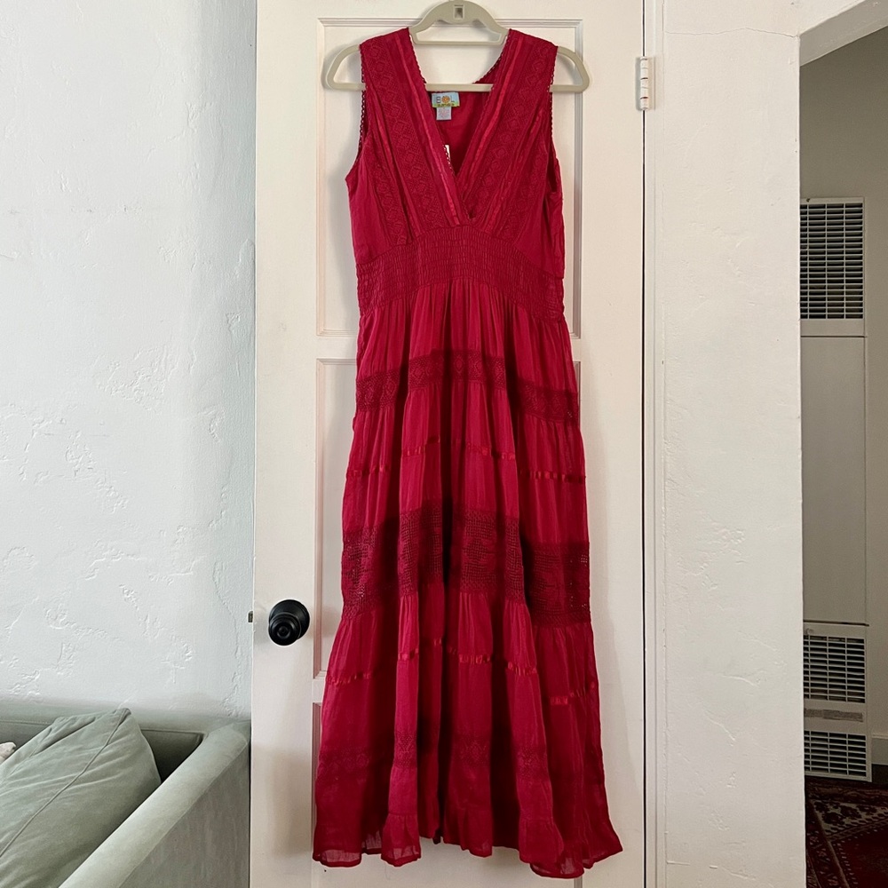 NWT Vintage Red Cotton Maxi Sleeveless Peasant Dress Crochet Boho Medium